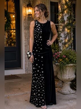 Morgan & Co Vintage Y2K Black Velvet Silver Star Formal Dress 13/14